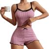 European and American Style Women’s Stretch Pajama Set Sexy Lace Trim Cami Top and Shorts 2 Piece Brushed Ribbed Loungewear