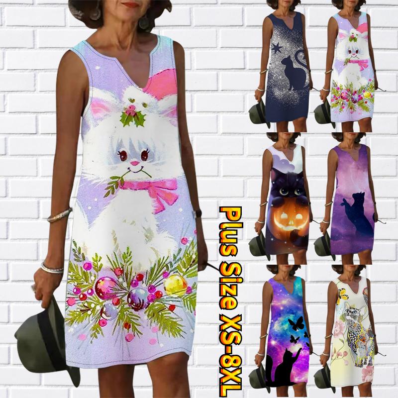 

Женское летнее белое милое платье с V-образным вырезом и принтом котенка, повседневное модное платье без рукавов, повседневные свободные сексуальные платья размера плюс XS-8XL