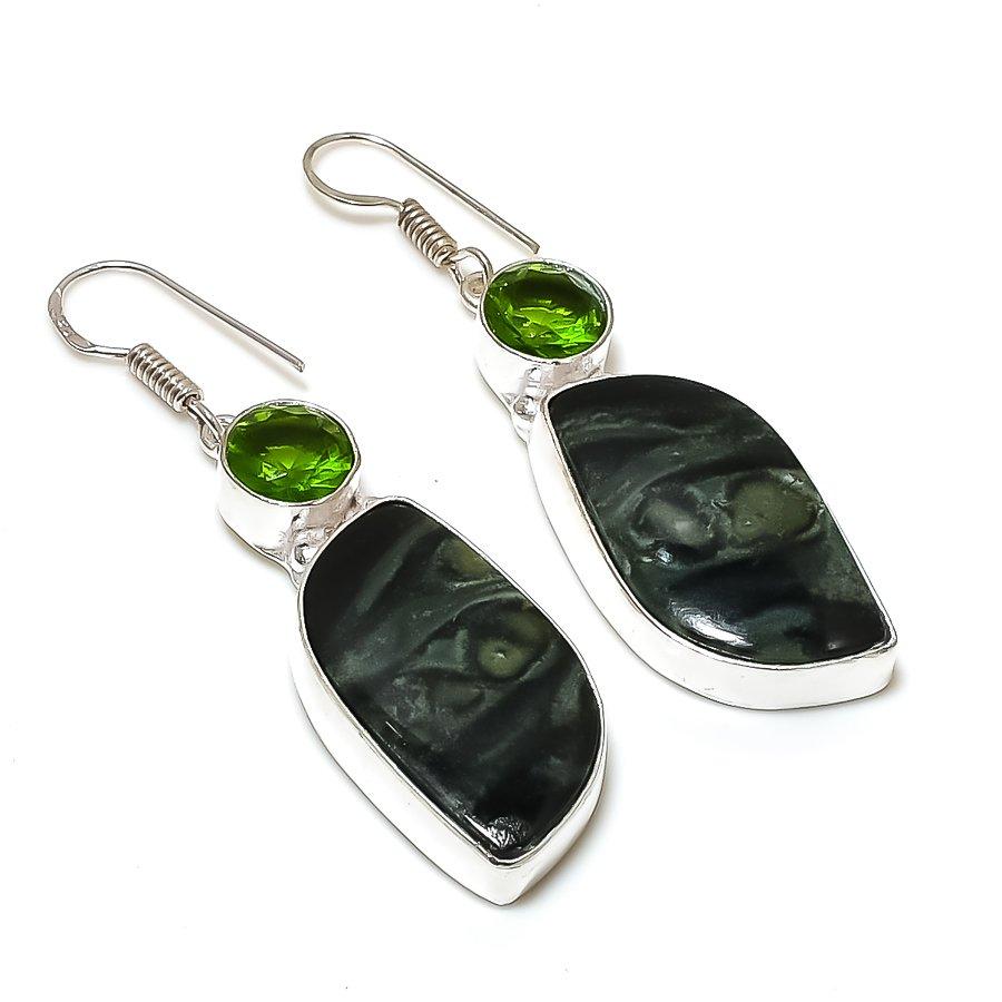 

Камбаба Джаспер, серьги ручной работы с драгоценными камнями перидот в этническом стиле, 2,17 дюйма, SR-2154