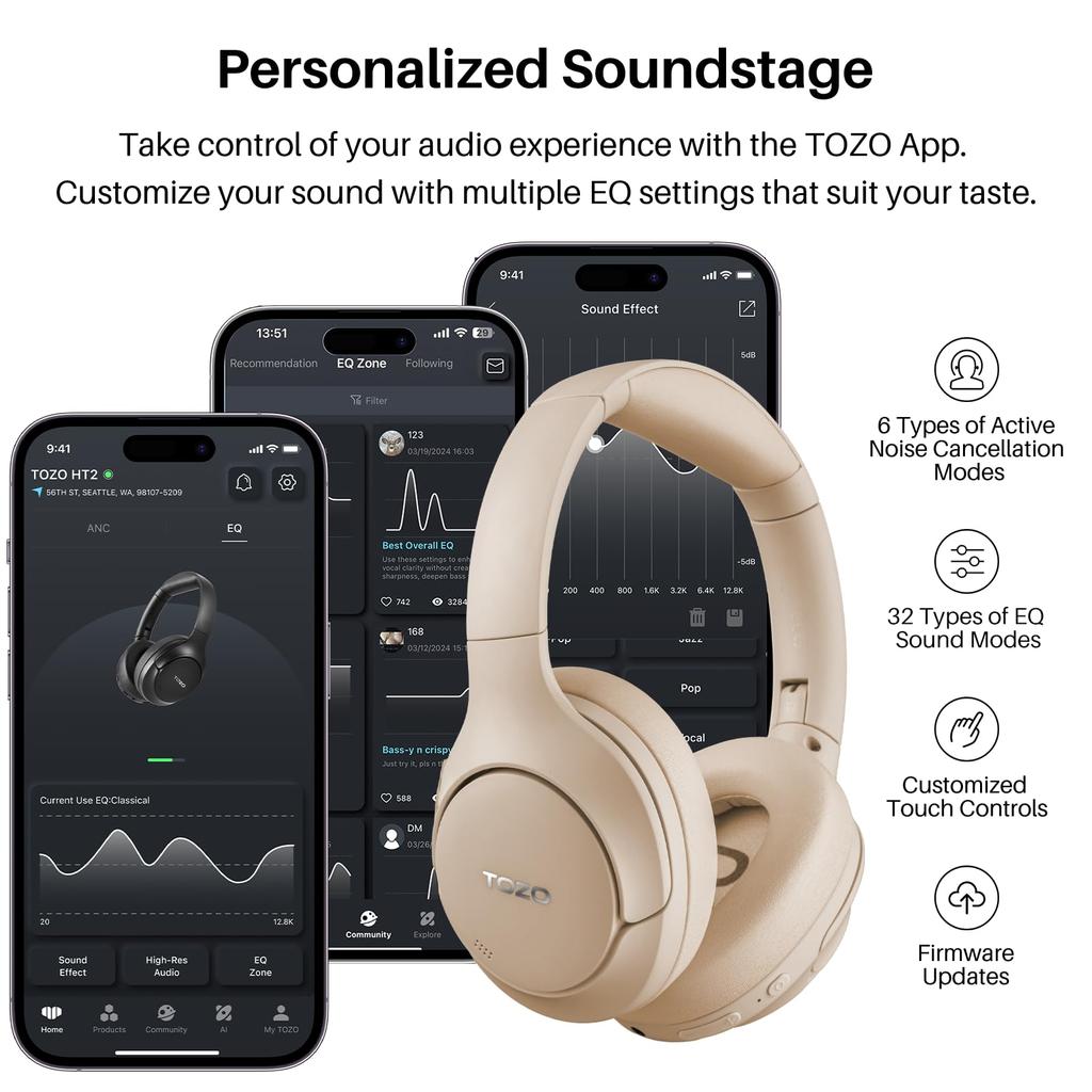 TOZO HT2 Wireless Audio 40mm Dynamic Bluetooth AUX Wired Noise Cancelling Headphones with Up To 38dB Noise Up To 60 Hours of Continuous App Custom EQ