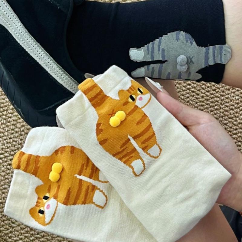 Socks Women's Cute Funny Cat Ins Korean Mid-tube Sleeping Socks Creative Combed Cotton Mid Tube Socks Woman 2025 New Year Gift