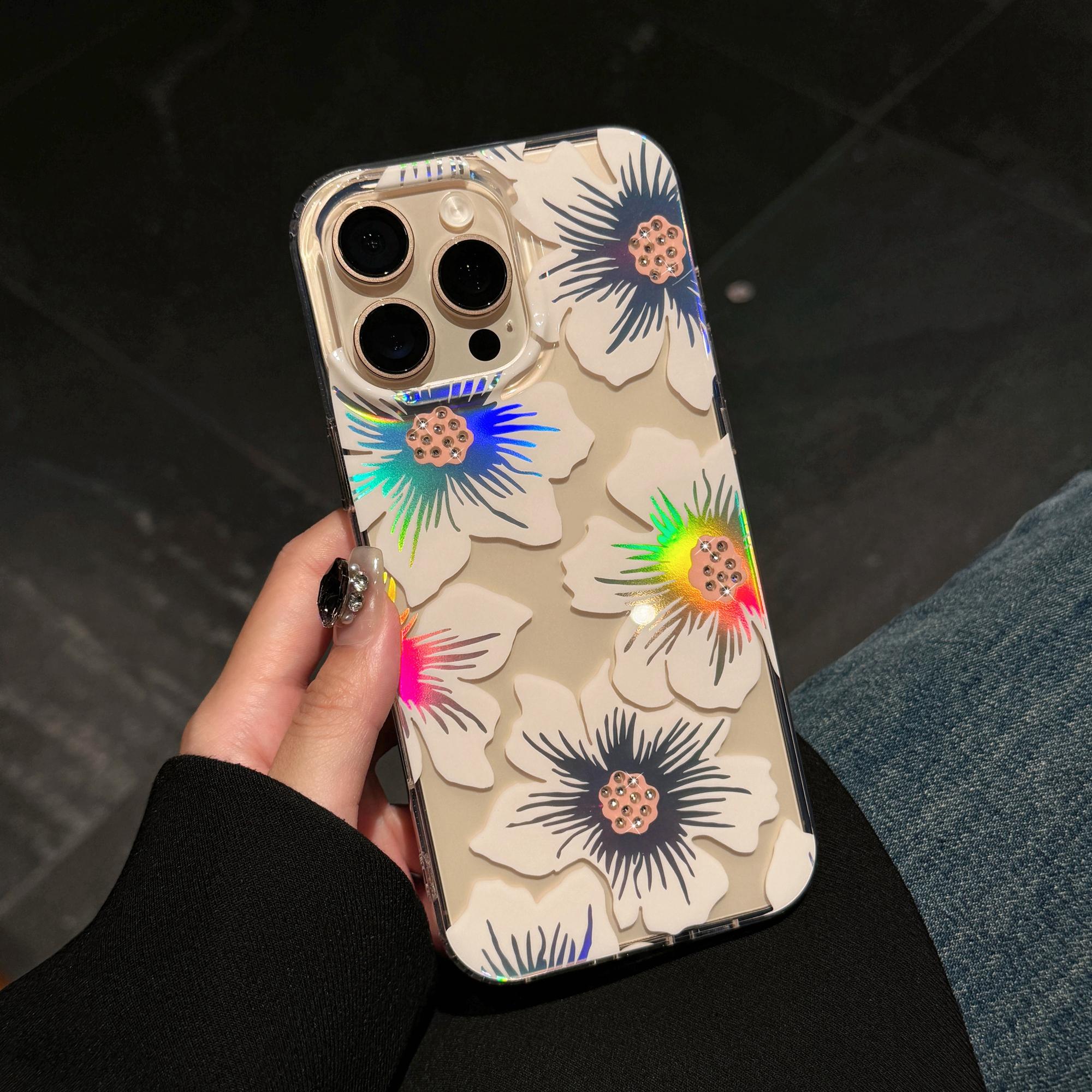 

For iPhone 15 Pro Max Case Laser Flower IMD PC+TPU Clear Phone Cover Little Daisies