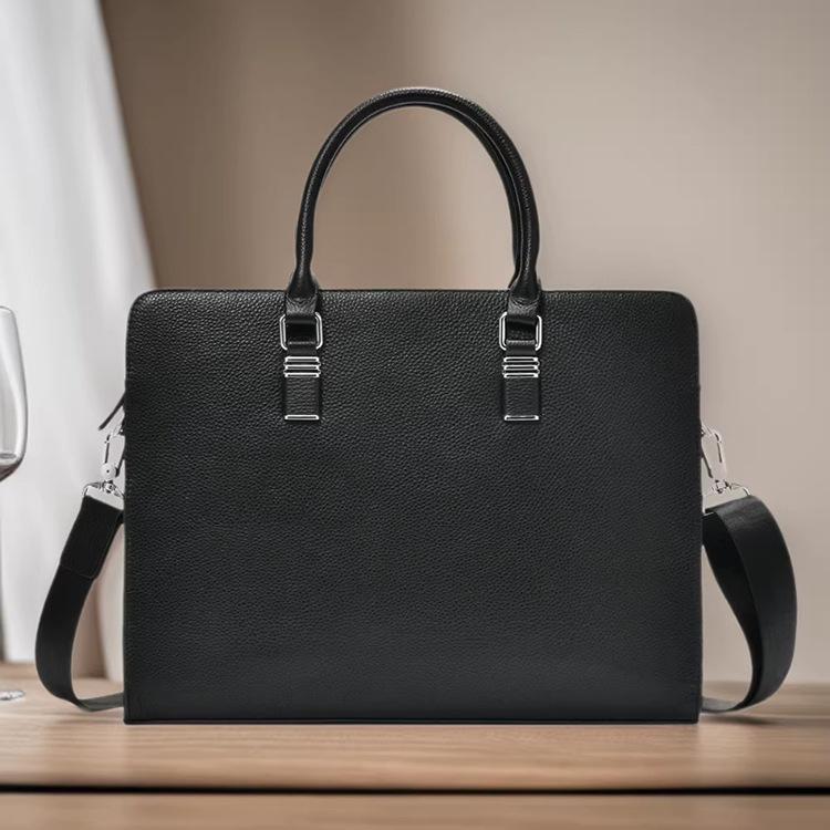 Men s Genuine Leather Briefcase with Litchi Grain, Cowhide Handheld Laptop Business Bag for Daily Commute чёрный