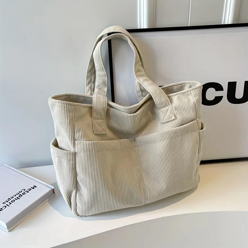 

Multiple Pockets Women s Corduroy Tote Handbag Simple Striped Shoulder Bag with Fixed Straps Zipper Large Capacity Commuting Bag белый