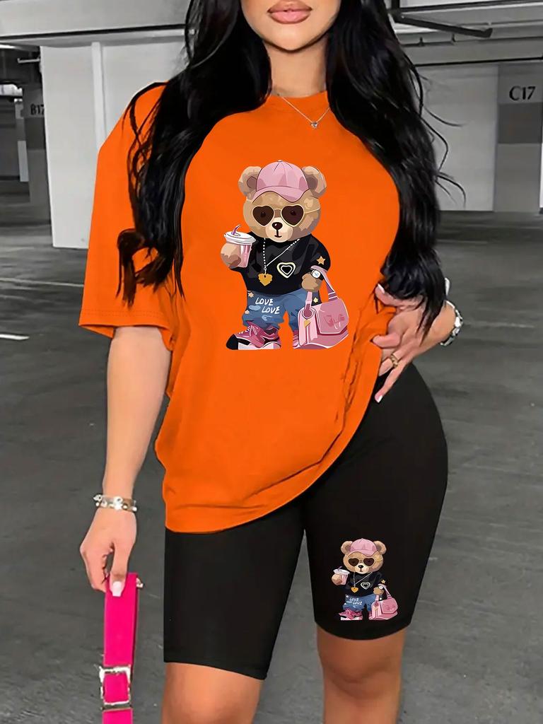 Bear standard size European and American women's clothing lip printing T-shirt shorts set sports suit