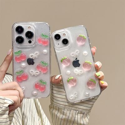 Cherry Peach Phone Case for Apple 17 Promax Sparkling Pink Pearl for IPhone16 Bow Tie Transparent Women's Style