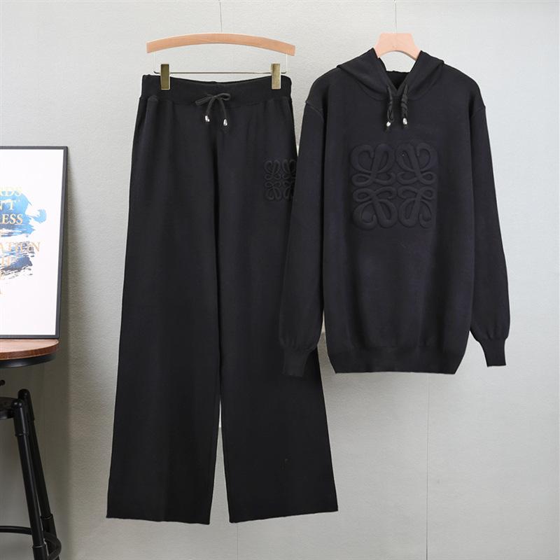 Hooded Knitted Sweater Women's Autumn Plus Size Lazy Fashion Ageing Wide-legged Pant Suit