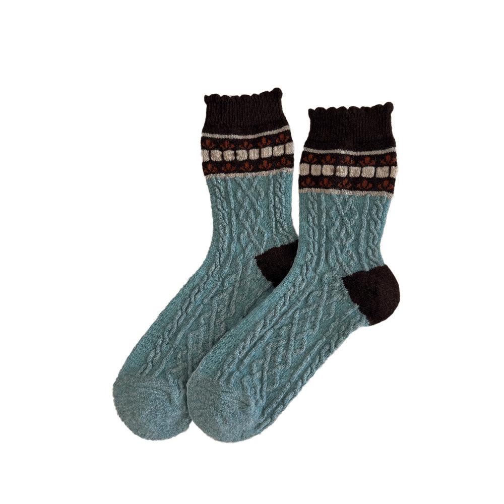 Retro Wool Socks, Flower Mid-calf Socks, Pile Socks, Coffee-colored Warm Thickened Geometric Mid-calf Socks