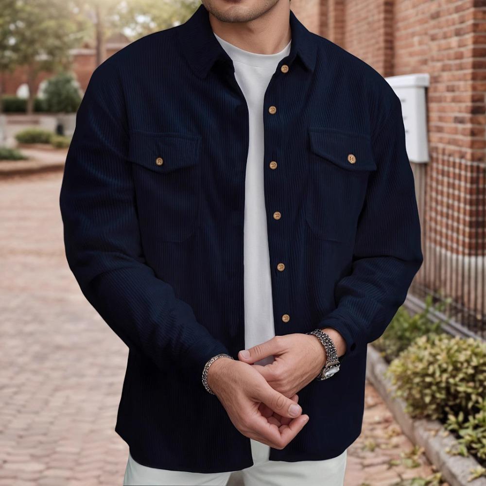 

Мужская повседневная вельветовая рубашка с длинным рукавом на пуговицах, модная и удобная куртка с двойными карманами - куртка в уличном стиле, повседневная рубашка с лацканами S темно-синий
