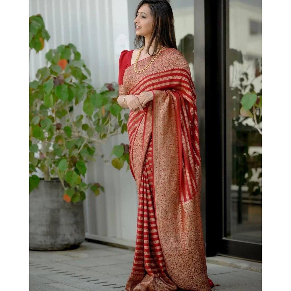 Silk Saree from the ALMAARI Store Is Adorned with Beautiful Zari Work In Form of Traditional Motifs.
