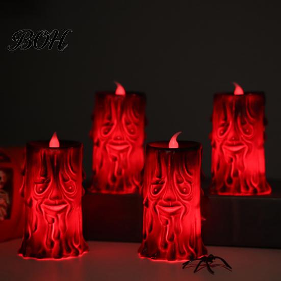 Plastic Halloween Figurine Flameless LED Candle, Spooky Face Tree Stump Pillar Atmospheric Festival Decoration Wax Drip Flickering Fake Candle