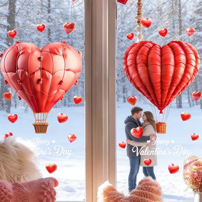 Hot Air Balloon Window Cling Happy Valentine's Day Heart Shape Balloon Static Glass Sticker Waterproof Wedding Holiday Party Window Decoration Decal