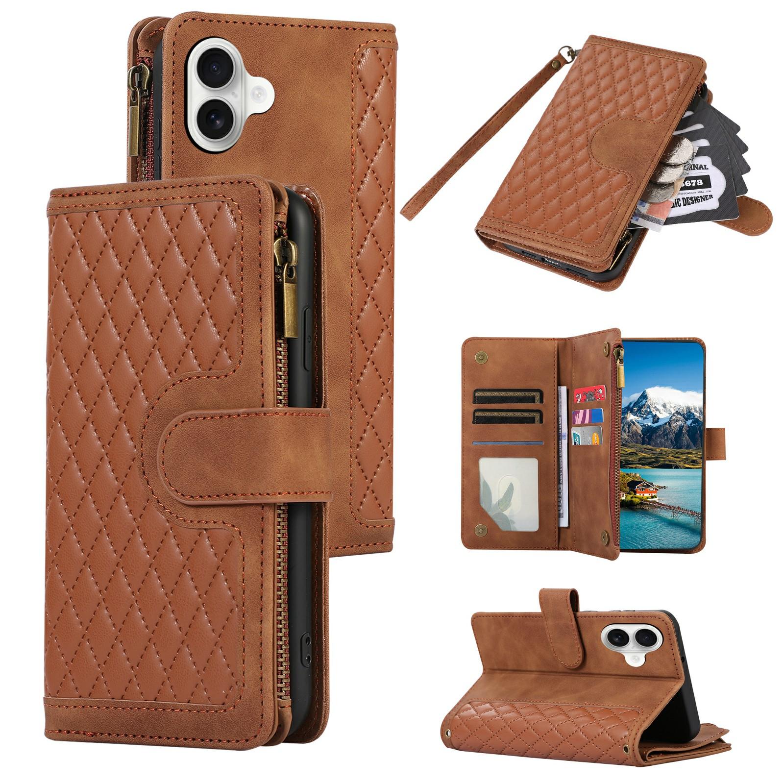 

For iPhone 17 Case 9 Card Slots Rhombus Design Leather Phone Cover with Wrist Strap Brown