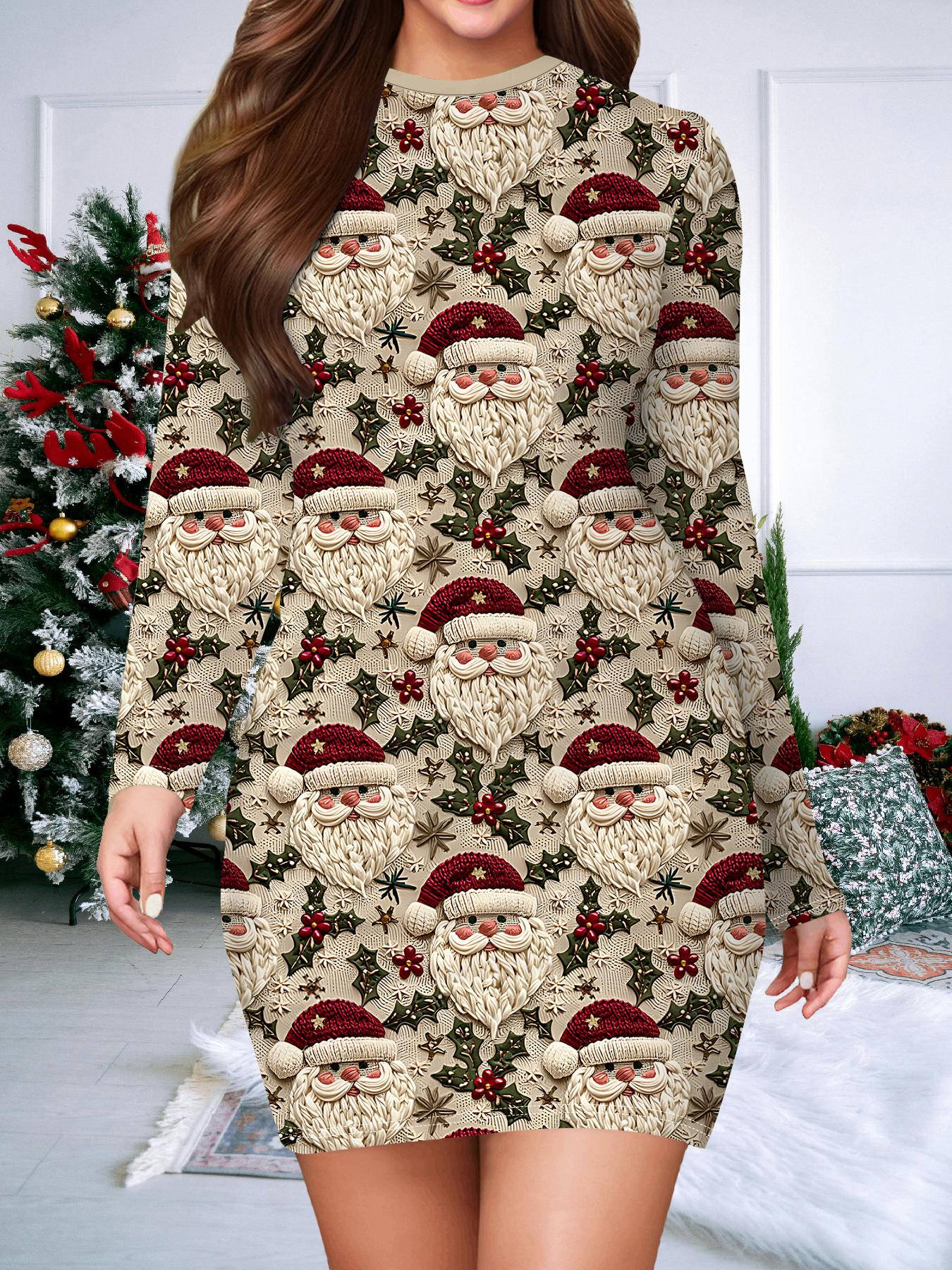 

2025 Осінньо-зимове нове жіноче плаття, що облягає стегна, з 3D різдвяним принтом та фарбуванням, модна жіноча сукня з довгим рукавом та круглим вирізом, що сексуально облягає стегна XXL білий