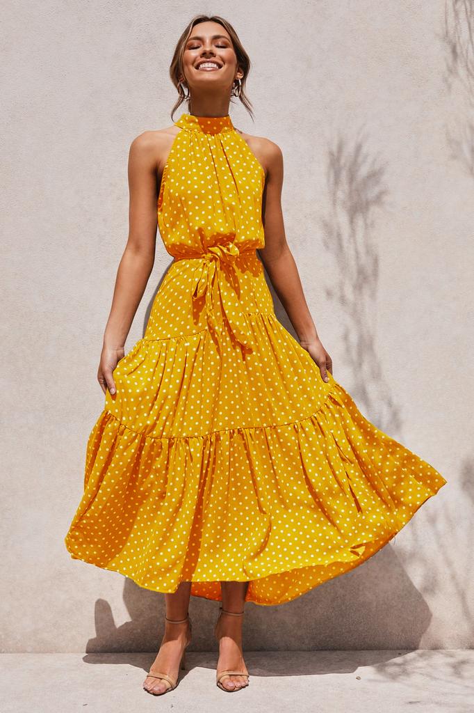 Women's long dress popular new neck polka dot printing lace-up dress
