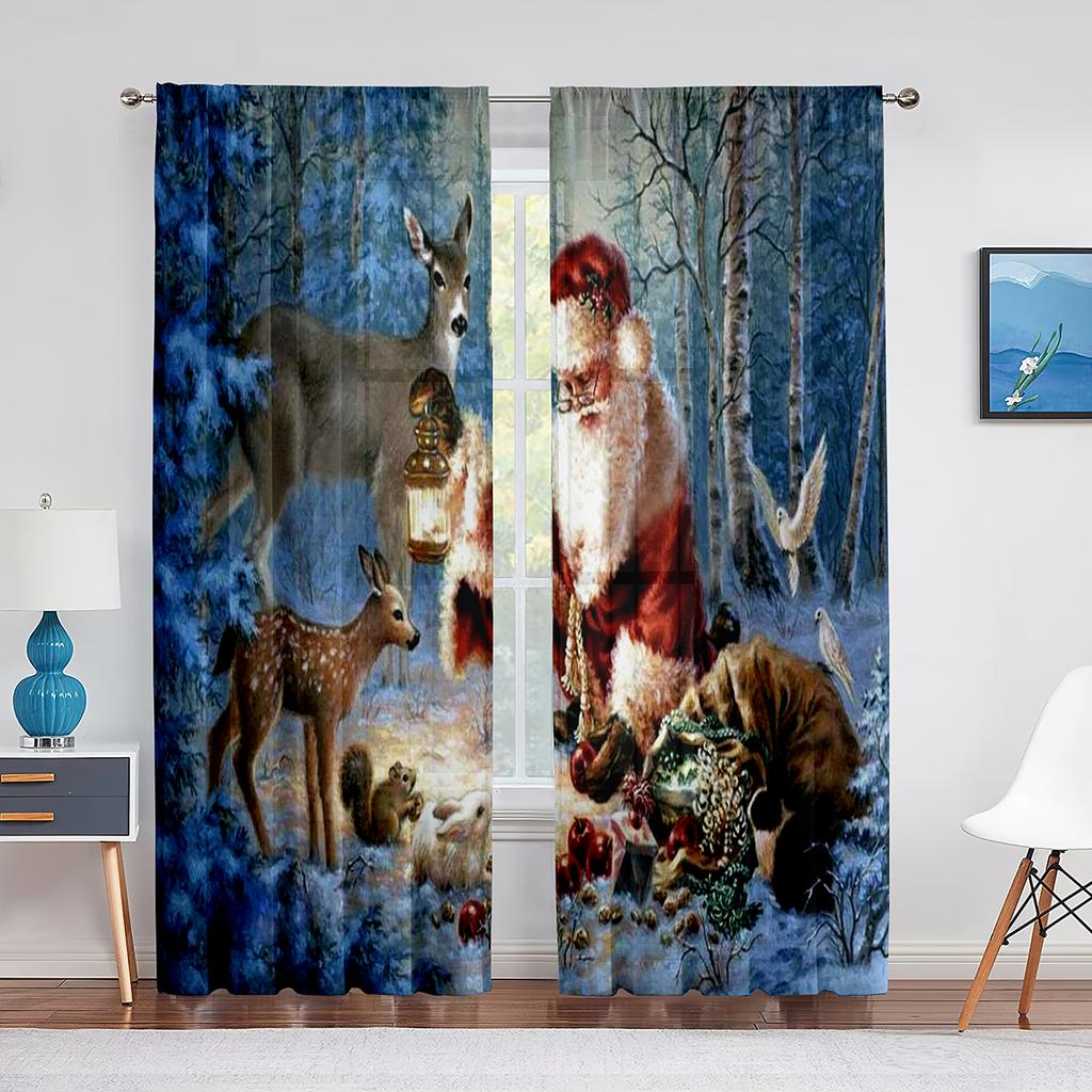 Christmas Scenery Santa Delivering Presents Sheer Voile Curtain Elk Window Tulle Curtains for Living Room Kitchen Bedroom Decor