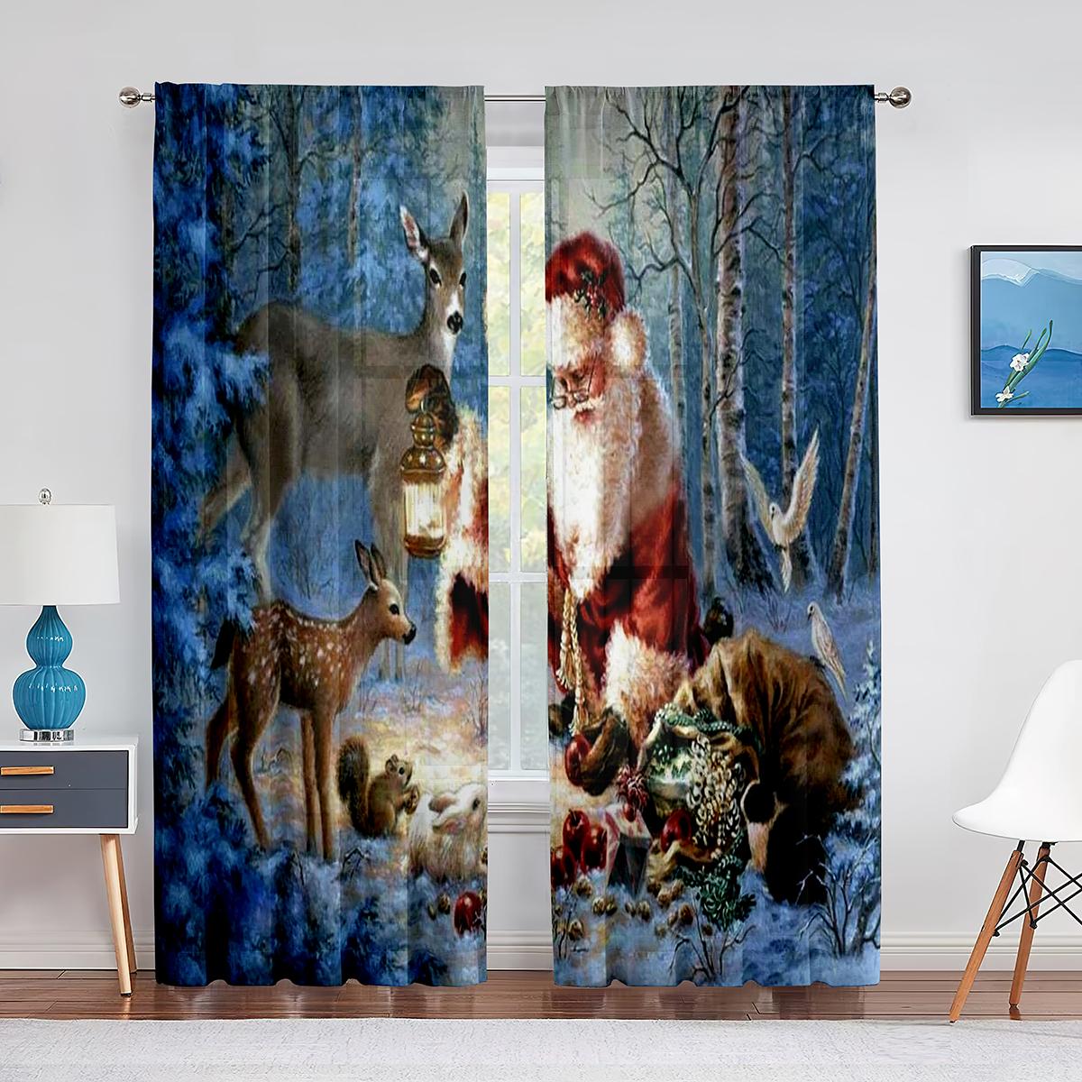 Рождественский пейзаж Санта-Доставка Подарков Прозрачная Вуаль Шторы Лось Окна Тюлевые — фото 8