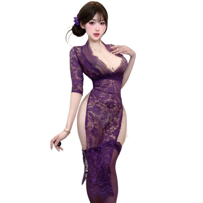 Sexy lingerie women's pure lace temptation long dress hot side split uniform free suit