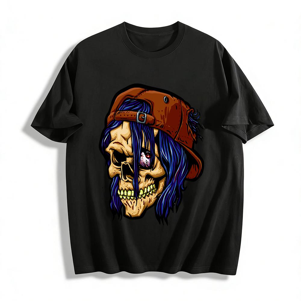 Dark Skull Print Streetwear Unisex Casual Cool Top Pure cotton T-shirt XXS