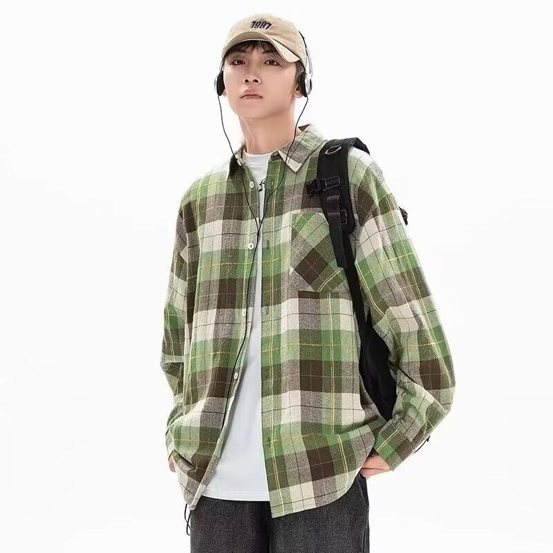 Hong Kong Style Green Plaid Shirt Long Sleeve Japanese-Style Retro Autumn Boys Ruan Handsome Couple Loose Casual Shirt Coat