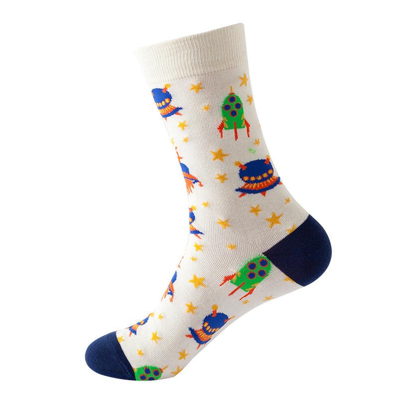 1Pair Funny Ins Astronaut Airplane Heavenly Body Middle Tube Men Happy Socks Streetwear Cotton Male Skateboard Boys Adult Sox
