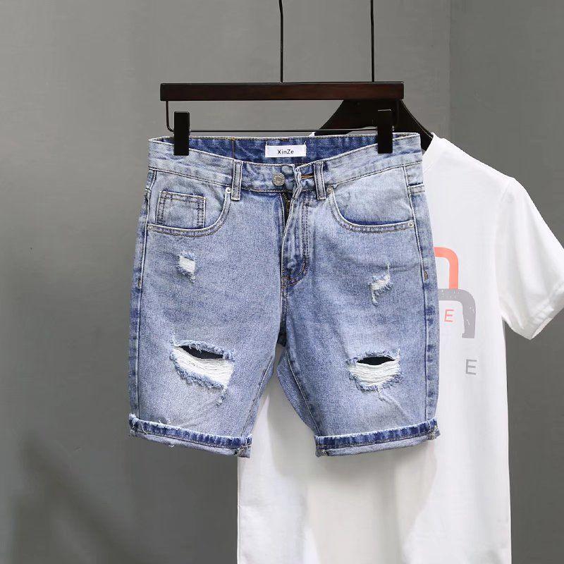 Men's Summer Ripped Denim Shorts - Korean Style, Elastic Fit, Trendy Mid-Length Streetwear