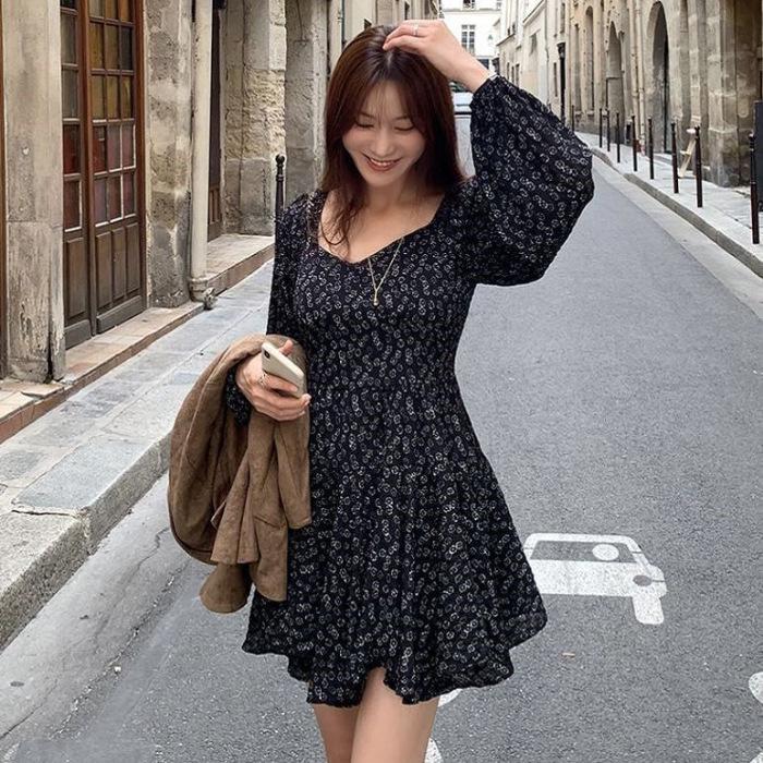 High-End French Tea Break Floral Dress: Autumn, Waist-Cinched, Slimming, Short Skirt Women s Fashion M