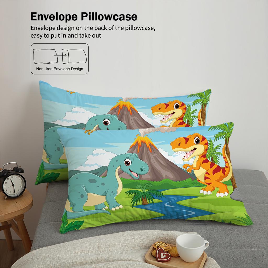 3-piece down duvet cover set with cartoon dinosaur pattern print (1 duvet cover+2 pillowcases, no core) soft bedding set