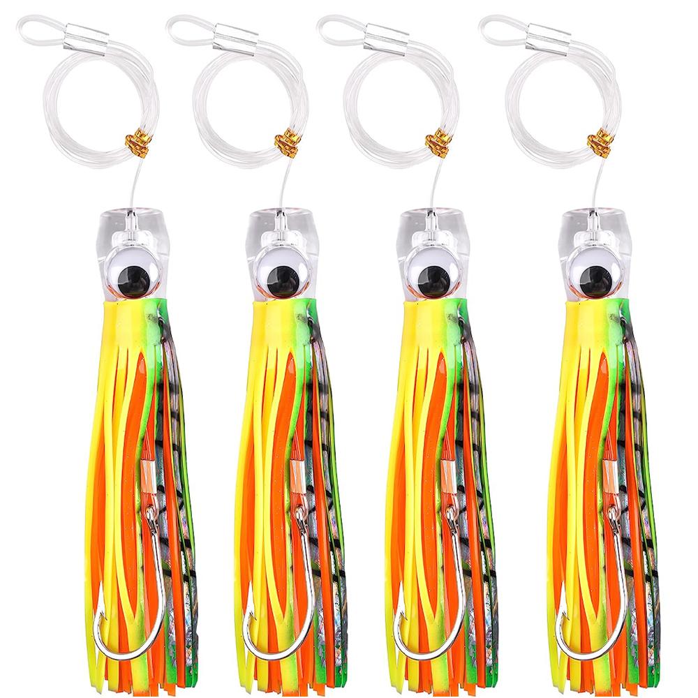 4Pcs 68g/107g Fishing Lures Saltwater Trolling Lures Rigged Squid Skirt with Leader Line Shark Hooks for Marlin Tuna Wahoo