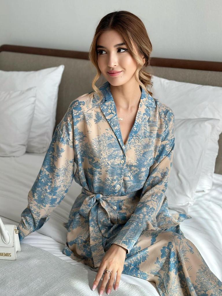 New Spring/Summer Fashion French Floral Printed Long Sleeve Tie Waist Shirt High-Waisted Wide Leg Pants Women