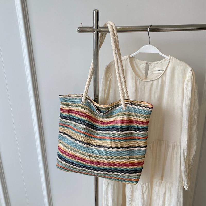 Straw Fabric Woven Design Women Tote Bags Rainbow Color Large Capacity Summer Beach Shoulder Shopper Bag Casual Commute Handbags