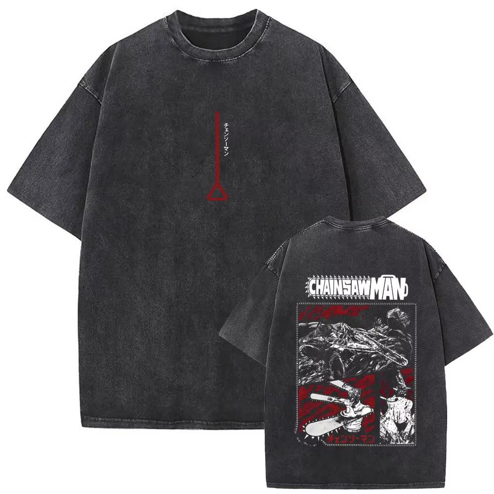 Anime Chainsaw Man Retro Gewaschenes T-Shirt Lustiges Cartoon Denji Pochita Grafik-T-Shirt Herren Damen Mode Vintage Lässige T-Shirts