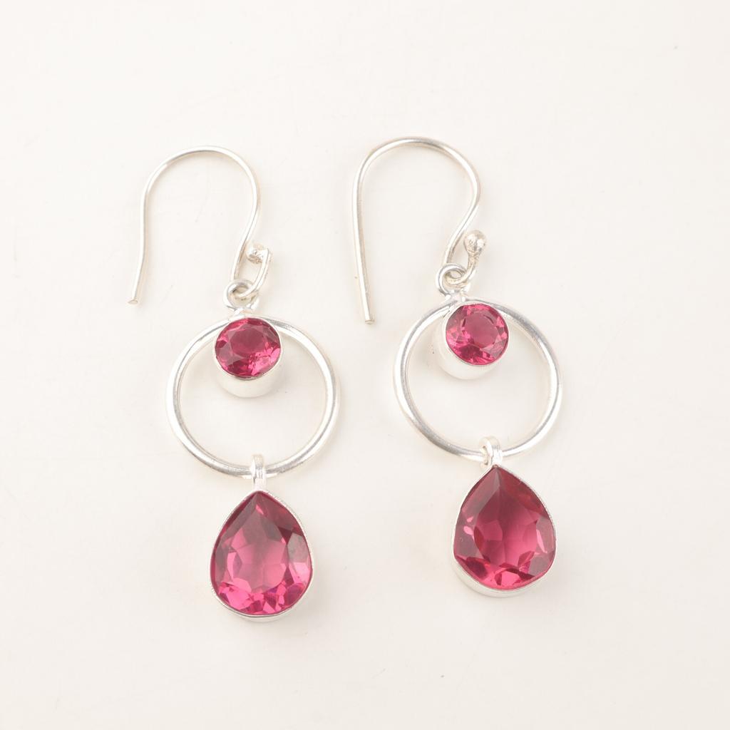 Natural Pink Tourmaline Gemstone 925 Sterling Silver Jewelry Dangle Earrings2.0" EE-140-12