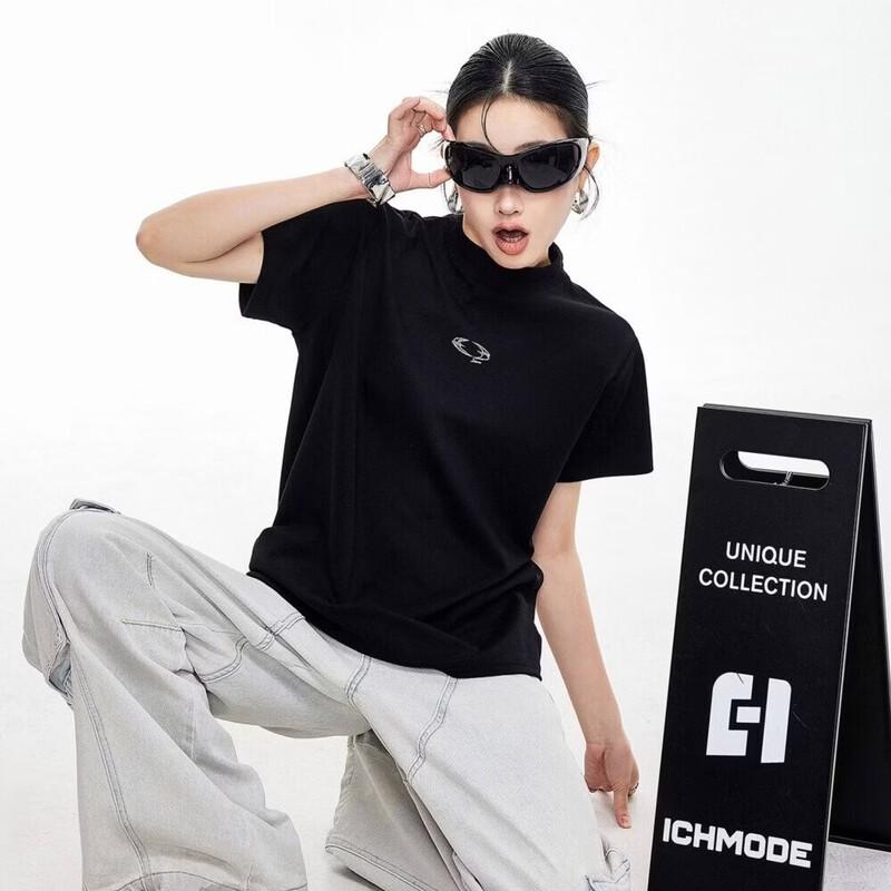 ICH MODE Women s Floral Embroidered Semi-High Neck Short Sleeve T-Shirt M