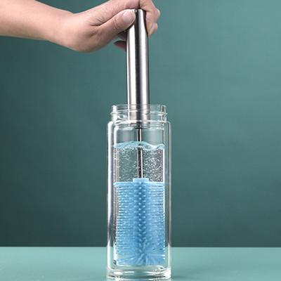 Silicone Bottle Brush with Stainless Steel Long Handle Press-Rotating Design Soft Bristle Cup Brush Stain Remover Tool