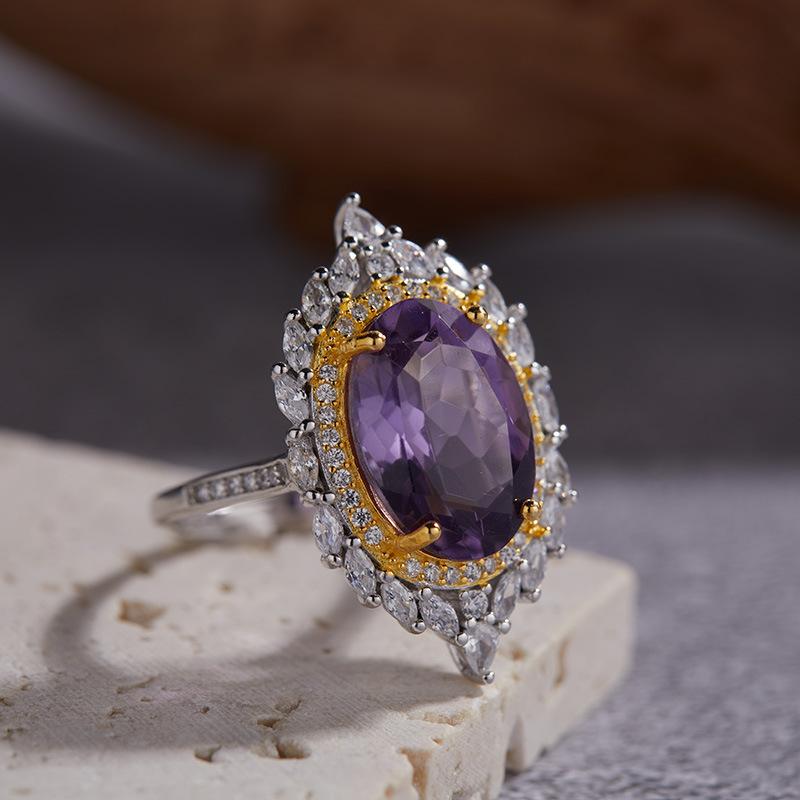 S925 Sterling Silver Plated 18K Gold Natural Color Treasure Large Carat Ring Light Luxury Premium Index Finger Ring Energy Jewelry