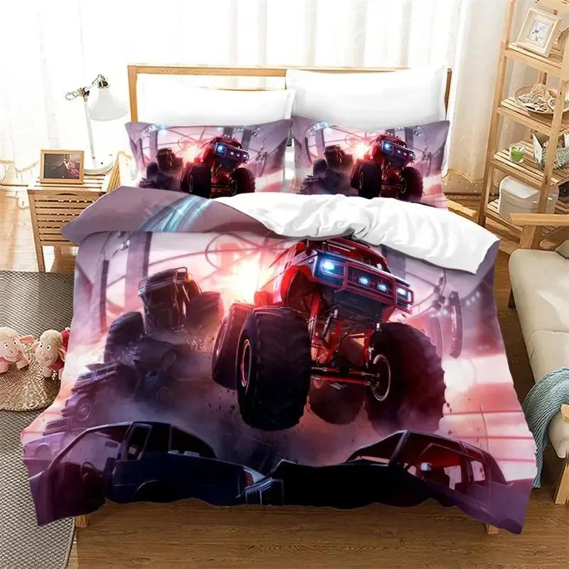 Cartoon Monster Truck Cool Vehicle Off Road Vehicle Bedding Set Boys Girls Twin Queen Size Duvet Cover Pillowcase Bed Kids Adult