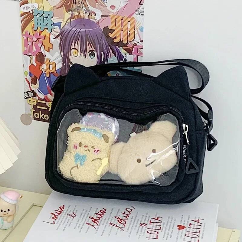 Market-4 Schattige Kattenoren Ita Schoudertas Tweekleurige Meisjes Transparante Mini Crossbody Tas Student DIY Display Anime Messenger Bags 21x16x6cm