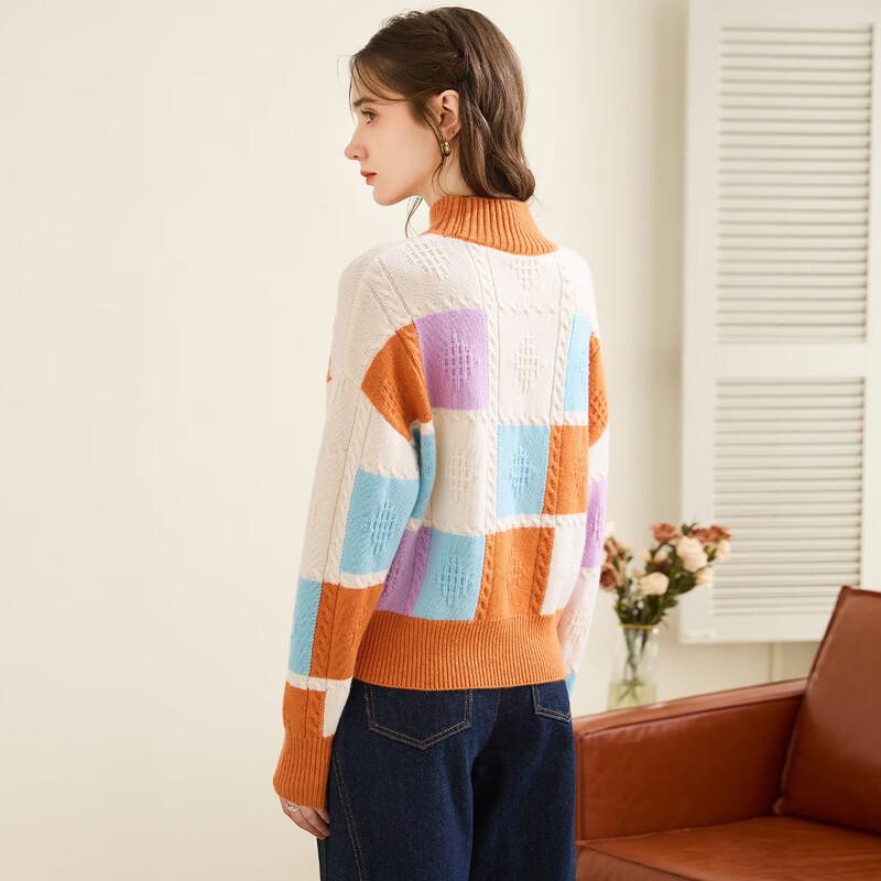 TUHUANG Women's Thick Pure Wool Half Turtleneck Color Block Sweater