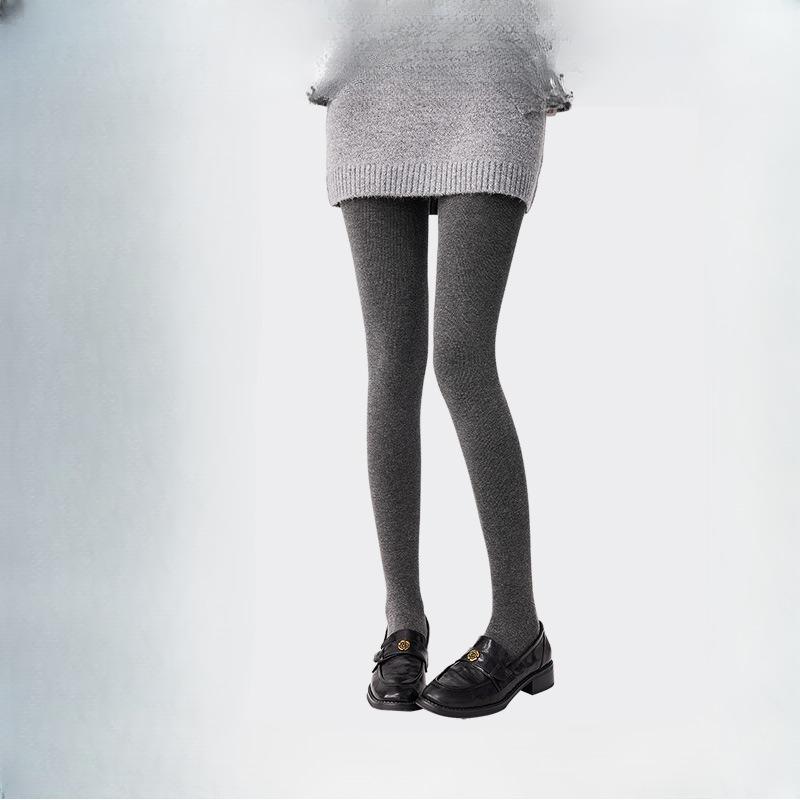Women's Autumn Winter Gray Vertical Stripe Slimming One-Piece Pantyhose Fleece Lined Thickened Cotton Base Layer Tights