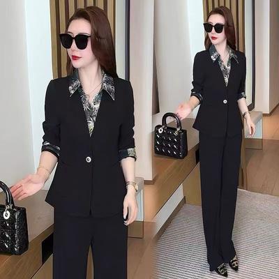 Women's Fashion Suit Women's Autumn Design Fake Two-piece Suit Jacket Wide-leg Pants Two-piece Set