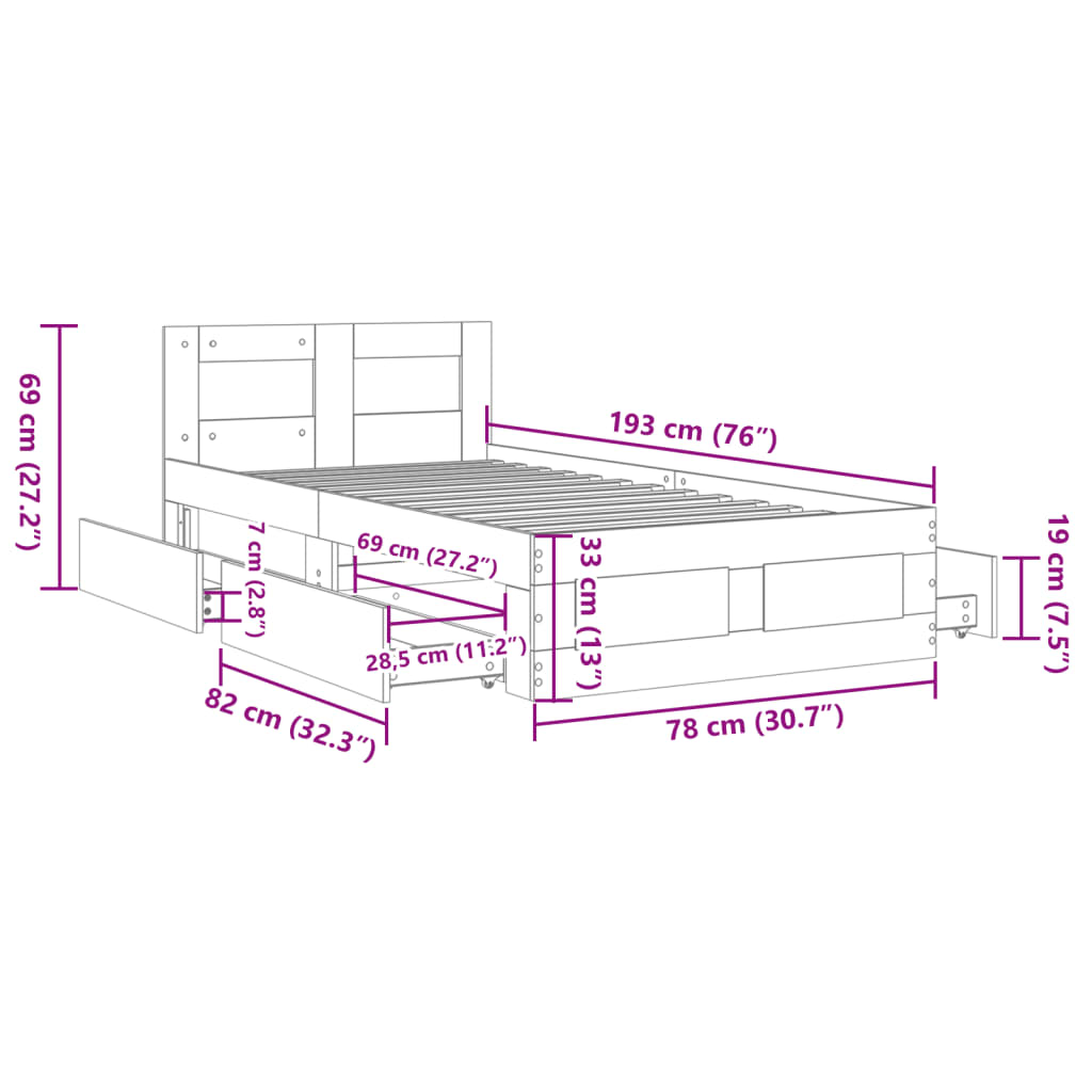 Bed Frame with Headboard Grey Sonoma 75x190 cm Engineered Wood
