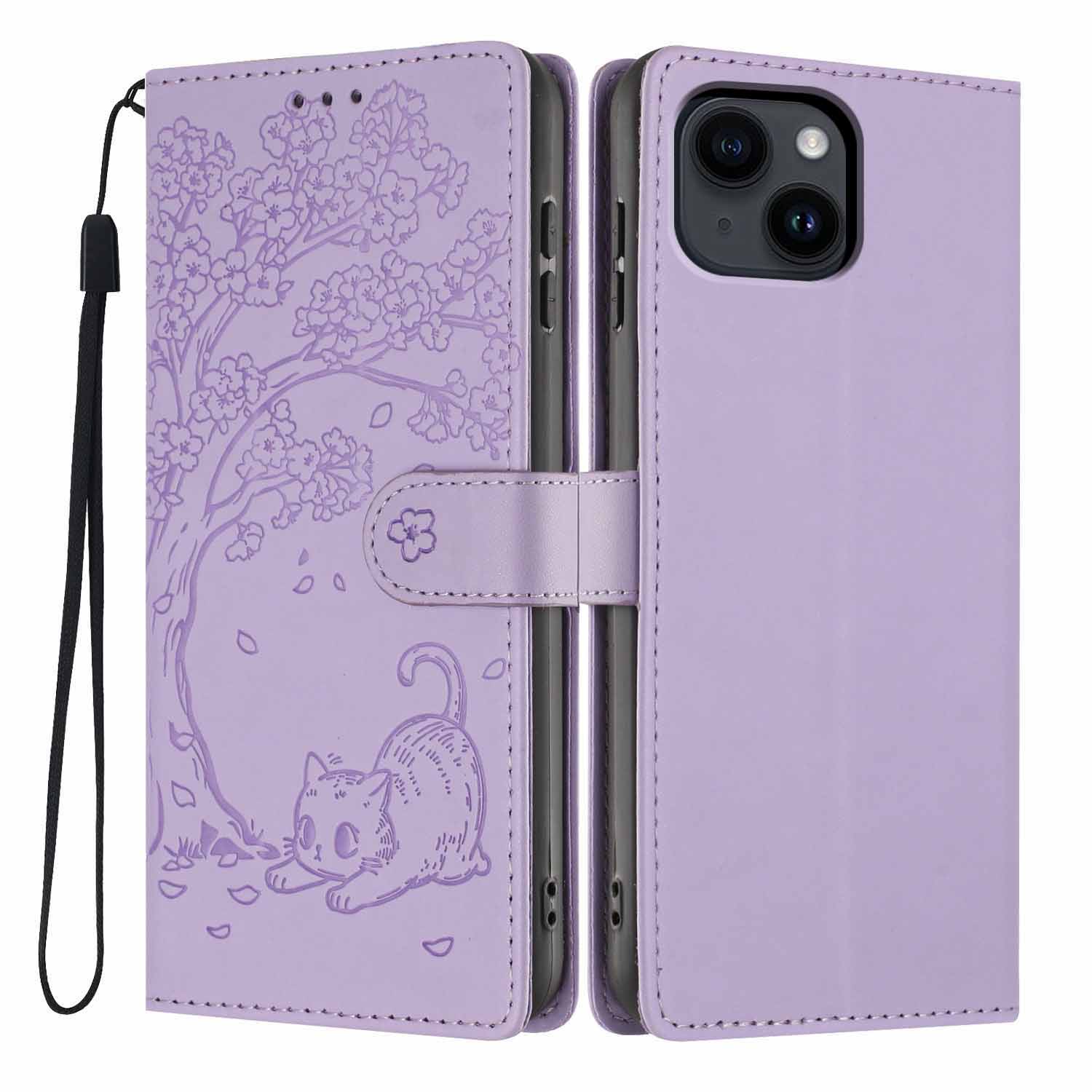 For iPhone 15 Stand Case Tree-and-Cat Pattern PU Leather Wallet Protective Phone Cover with Wrist Strap