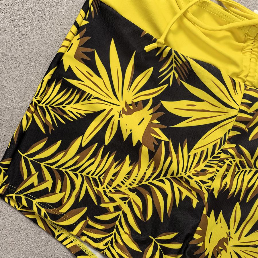 Bikini z wysokim stanem Damskie Vintage Kwiatowy Wzór Plisowany Sznurek Push-Up Patchwork Kostium Kąpielowy Duży Rozmiar Strój Kąpielowy