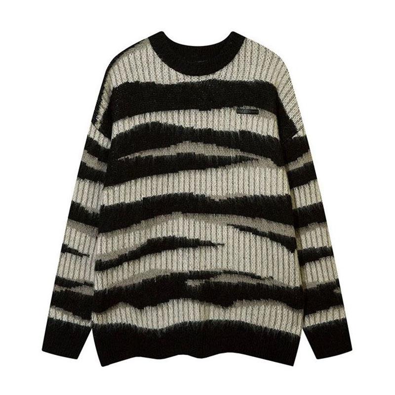 Pruhovaný mohérový svetr pro ženy o výstřih volný svetr podzimní a zimní svetr z měkkého lepkavého úpletu dámský top