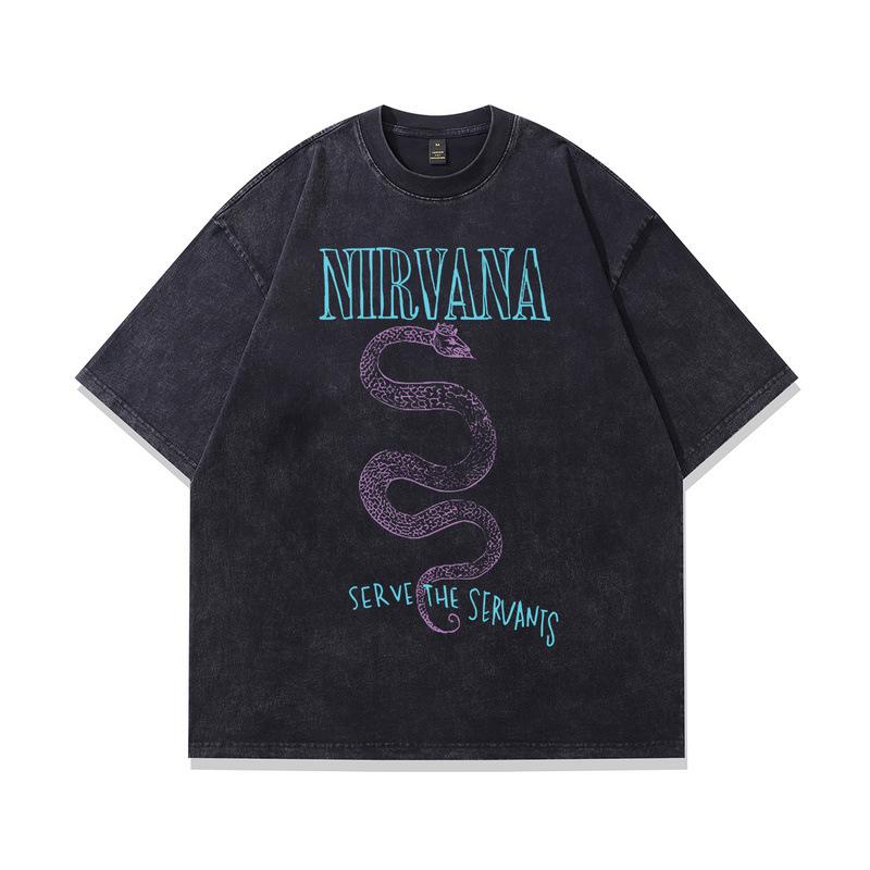 High Street Vintage Washed Vintage T-Shirt American Vintage Band Print Large Version Short Sleeve T-Shirt Men And Women