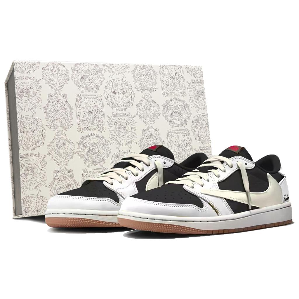 Jordan x Travis Scott Air Jordan 1 Cushioning Abrasion Resistant Low top Vintage Basketball Shoes Unisex White DZ4137-700(Team1803-3)