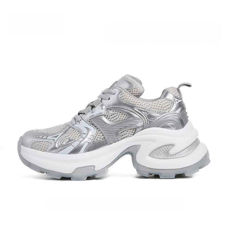 All soft leather~ thick sole inner height increase casual sports shoes women's 2025 spring new mesh breathable fashion dad shoes