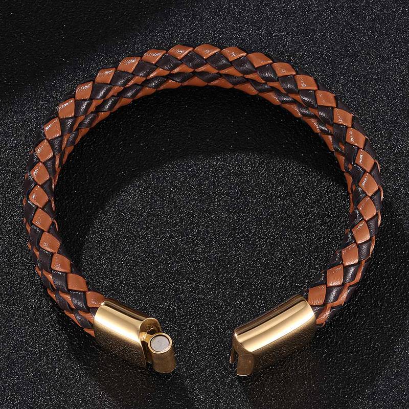 Vintage Stainless Steel Metal Clasp Men Jewelry Two Layers Genuine Leather Bracelet Brown Charms Wristband