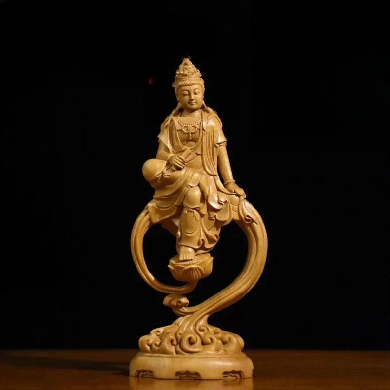 Solid woodGuanyin Buddha Bodhisattva Character Figurines Home Room Office Wealth Luck Feng Shui Decor Wood Carving Buddha Statue
